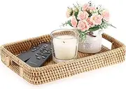 IGNPION Rattan Serving Trays Rectangle Decorative Display Tray Guest Towel Holder Trays with Handle Desktop Organiser Tray for Tableware,Makeup,Vanity, Candle, Ornament,Perfume