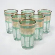French Parisian Green Gold Wine Water Vtg Cafe Small Drinking Glasses 6pc Set B