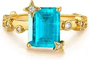 [GNIRTSI] Gold Simulated Emerald/Paraiba Ring for Women Solitaire 8 * 10MM Cut Star Diamond Cubic Zircon 14K Gold Plated Minimalist Stack Thin Band Finger Jewelry Size 6-8
