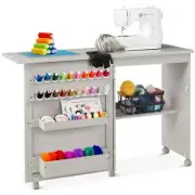 Sewing Machine Table Cart Cabinet Expandable Folding Craft Storage Shelves Gray