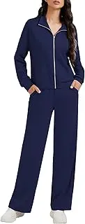 [Casly Lamiit] Women's 2 Piece Outfits Zip Up Sweatshirt Contrast Striped Wide Leg Sweatpants Suits Jogger Travel Matching Set