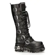 New Rock 272-S1 Boots Black Metallic Goth Knee High Zip Leather Buckle