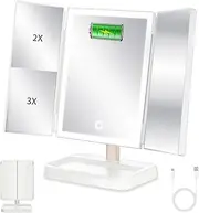 Portable LED Travel Makeup Mirror, Rechargeable Trifold Cosmetic Mirror with 78 LED Lights, 3-Sided Mirror with Magnification, Touch Control, 3-Color Illumination, Adjustable Brightness