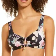 Becca Floral Print Tie-Front Bralette Bikini Top Black D NWT