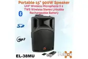 E-Lektron SL-38M 900W 15" inch Bluetooth Wireless linkable Loud Portable PA Speaker Sound System Recoding incl.2 Mics for Karaoke Party Event Speech Singing