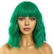 Short Bob Wigs with Bangs for Women Loose Wavy Green Wig Curly Wavy Shoulder Length Bob Synthetic Cosplay Wig for Girl Colorful Christmas Party Wigs St.Patrick