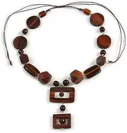 [Avalaya] Geometric Brown Wood and Ceramic Bead Necklace - 50cm L/ 8cm Front Drop/Adjustable, ceramic cords Wood