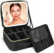 AUTOWT Travel Makeup Bag with LED Mirror, Large Capacity PU Waterproof Cosmetic Box Organizer Vanity with Adjustable Dividers for Women Beauty Travel Storage Skin Care Cosmetics Toiletries (Black)