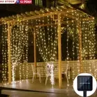 Solar Power 3*2M 200 LED Curtain Fairy String Light Warm White Wedding Deco Lamp