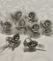 Set Of 8 Silver Rose Flower Napkin Rings - Silver Metal Floral Tea Party New