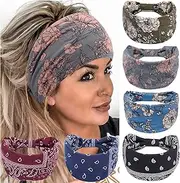 [QUEXIAOMIN] Headbands for Women, 6 PCS Wide Boho Headbands Elastic Bandana Non Slip Sweat Fashion Large Headwraps Hair Bands Headwear fit All Head Sizes for Workout, Sports, Running, Yoga