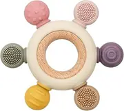 Baby Teething Toys Silicone Teethers BPA Free Silicone Rudder with Wooden Ring Soothe Babies Gums (Khaki)