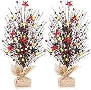 2 Pack 22inch Patriotic Lighting Berry Table Tree 4th of July Artificial Berry Branches with Red White Blue Stars Faux Star Table Tree for Independence Day Centerpiece Decoration Farmhouse