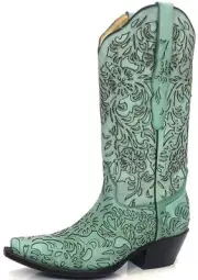 CORRAL Women's G1387 Turquoise Embroidered Laser Cut Snip Toe Boots