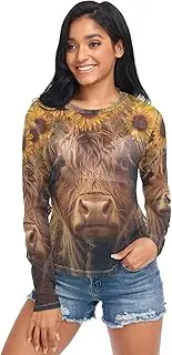 [RPLIFE] Vintage Highland Cow Sunflowers Long Sleeve Fishnet Top, See Through Blouse S-XXL