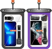 [2 Pcs] Large Waterproof Phone Pouch, [Up to 10.5"] IPX8 Underwater Phone Case Dry Bag Compatible with iPhone 13 Pro Max/13/12/11, Galxy S22 Ultra/S22/ etc, for Vacation Swimming (Black&Purple)