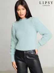 Lipsy Blue Fluffy Metallic Puff Sleeve Knitted Jumper (AJ7564) | $71