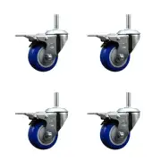 3 Inch Blue Poly Swivel 3/4 Inch Threaded Stem Caster Set with Total Lock Brake