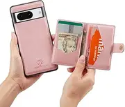 [GoshukunTech] Google Pixel 9 5G Case, Detachable Card Slots PU Leather Magnetic Back Shell Cover for Pixel 9 Pro - Pink