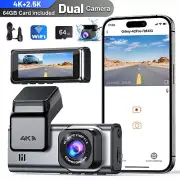 Dash Cam Front Rear 4K+2.5K 5G Wifi & WDR Dash Camera for Car with 64GB Card