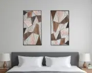 Set of Two Brown and Gold Geometric Wood and Metal Hanging Dimensional Sculpt...