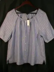 Talbots women's-L soft-blue white stripe linen top raglan blouse tunic shirt NWT