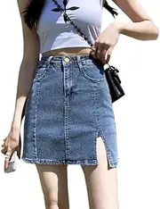 [Generic] Skorts Skirts for Women Denim Mini Skirt Side Slit with High Waisted Jean Shorts Stretchy