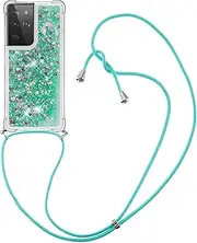 Mobile Phone Chain for Samsung Galaxy S21 Ultra, Glitter Case Liquid Moving Quicksand Transparent Mobile Phone Case - Silicone Case with Strap, Stylish Chain with Case for Samsung S21 Ultra