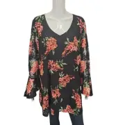 Susan Graver Printed Stretch Lace Peplum Back Tunic Blouse Top 3X Plus Size