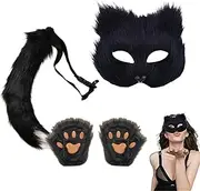 MRDLKNX Therian Mask, Faux Fur Fox Tail Cat Wolf Cosplay Costume Set, Plush Mask with Fluffy tail & Paw Gloves, Half Face Masquerade Mask for Cosplay Costume Fancy Party