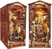 UONNO DIY Book Nook Kit, 3D Wooden Miniature Dollhouse Bookshelf Insert with LED Lights & Dustproof Plate, Halloween Home Decor for Adults and Teens (Magic World)