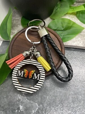 5" Leather Keychain & 1" Mom Wood Charm Tassel New Free Ship Butterfly A3707