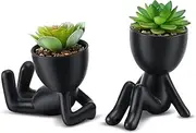 Fake Succulent, Mini Succulents Plants Artificial in Black Modern Human Shaped Ceramic Pots Cute Desk Decor Desk Plant for Office Decor, Cute Fake Plants Bathroom Decor 2PCS