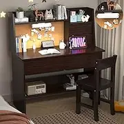 SFDOU Kids Study Desk with 3-Color Lights, Espresso Desk and Chair Set for 5-12 Year Old, Kids Study Table with Charging Station, Study Table with Drawers and Storage Shelf-XD40