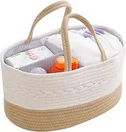 Baby Nappy Caddy, Nappy Organiser, Stylish Nursery Bohemian Cotton Rope Storage Basket, Portable Car Organizer with Removable Inserts, Baby Shower Basket, 38 x25 x18 CM (White/Khaki)