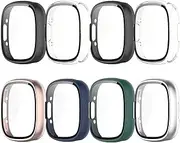HXFRTYU 8 Pack Case for Fitbit Sense 2/Versa 4 Screen Protector, Hard PC Bumper Overall Protective Tempered Glass Cover Accessories for Women Men