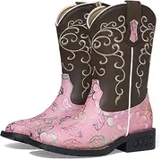 [Rollda] Girls Cowboy Boots Glitter Western Boots Sequin Cowgirl Boots for Girls, Pink/Brown, 5 Big Kid