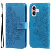 For iPhone 16 Case, PU Leather Mandala Cover, Blue