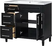 36" Bathroom Vanity with Sink Bath Vanity with Sink Modern Bathroom Vanity with 2 Drawers and a Tip-Out Drawer, Solid Wood Frame Vanity Set, Height Adjustable Shelf,Black
