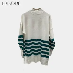 【EPISODE】休閒寬鬆條紋羊毛立領長版毛衣135504（綠條）
