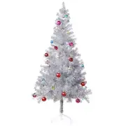 6 ft Silver Tinsel Christmas Tree with 24ct Assorted Ornament Set and Metal S...
