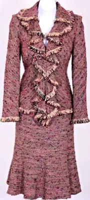 ST.JOHN Women's Tweed Burgundy Pink Beige Fringed Trim Jacket NWT Skirt Sz 10