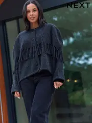 Charcoal Grey Premium Wool Blend Fringe Cape Scarf Tassle Coat Jacket (E13998) | $65