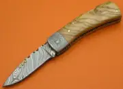 Damascus steel Folding Pocket Knife Lot 2 Clip Olive Wood Handle With Sheath