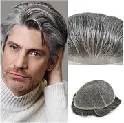 Herren Perücken Toupee for Men Human Hair System Hairpieces Full Swiss Lace Mens Toupee 8 x 10" Breathable Hair Prosthesis 1B Mixed 65% Grey White Hair Wigs Perücke Herren