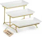 LAUCHUH 3 Tier Serving Stand with Porcelain Serving Platter Tier Serving Trays with Collapsible Sturdier Rack, Serving Dishes and Platters, Gold, 12 Inch