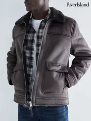 River Island Brown Gray Light Shearling Western Jacket (AG4542) | $127