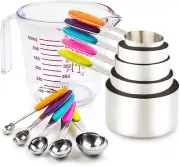 Measuring Cups and Spoons Set 11 Piece. 10 Stainless Steel 1 Plastic Liquid Dry