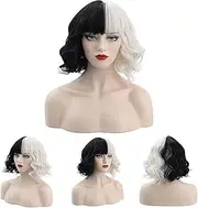 Black and White Wigs for Cruella Deville Wig Costume Women Short Curly Wavy Wigs with Wig Caps Natural Cute Synthetic Wigs for Party