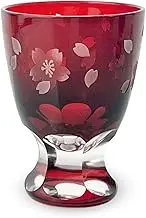 J-Kitchens Retro Kiriko Glass Cup, Japanese Sake, Diameter 2.3 x H3.1 inches (59 x 80 mm), 3.1 fl oz (80 cc), Cherry Blossom, Red, Hanashou, Current Model